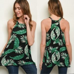 Green Black White Tropical Leaf Flowy Racerback Tank Top Size Small Y2K Vacay
